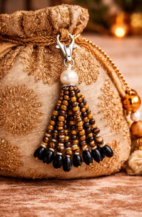 Thumbnail: Tiger's eye Quartz and Freshwater Pearl tassel bag charm