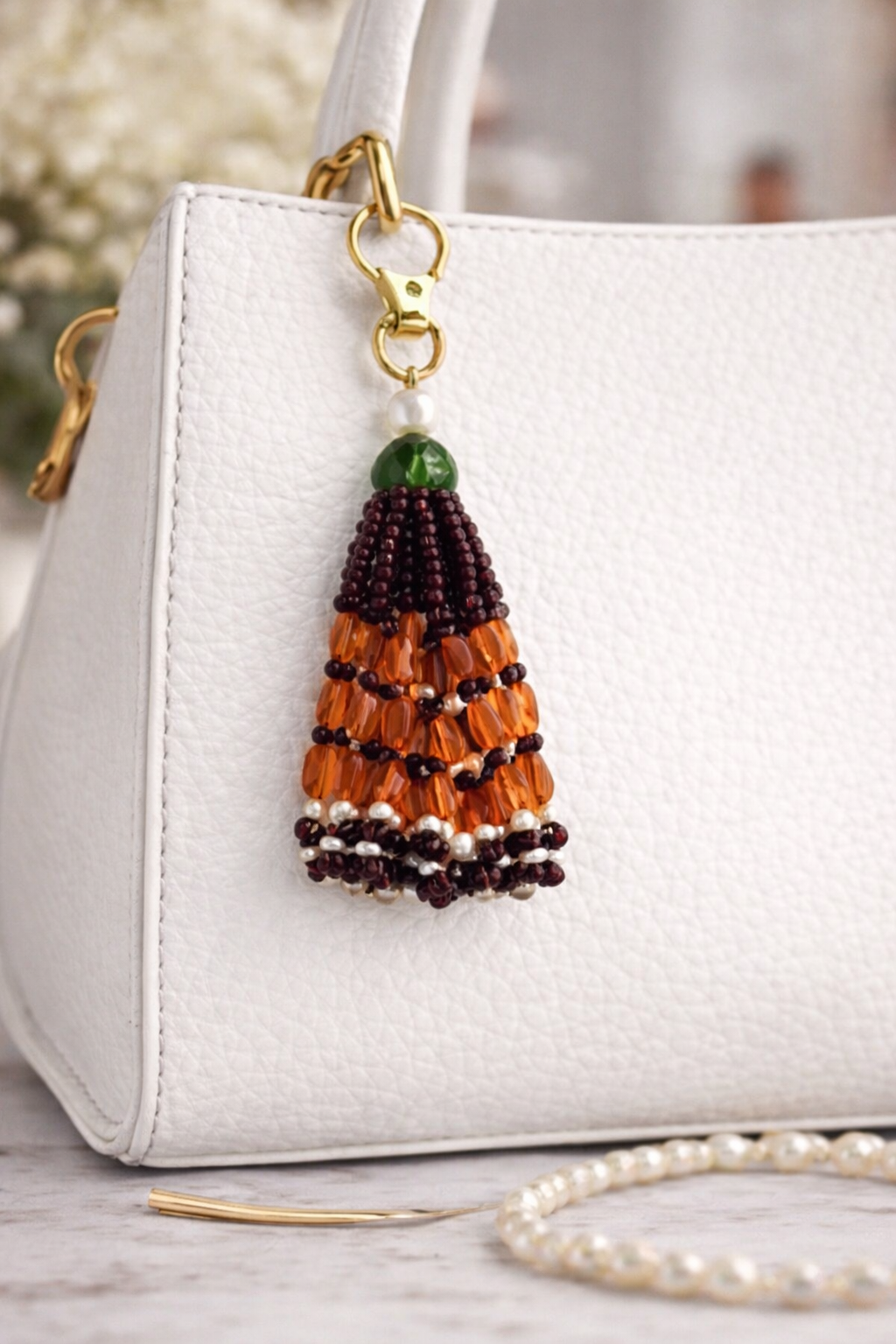 Natural Carnelian, Garnet & Freshwater Pearl Tassel bag charm 