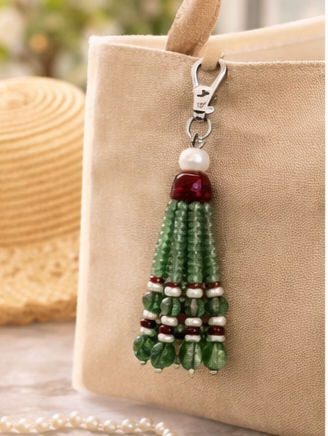 Thumbnail: Natural Beryl, Spinel gemstone Tassel Bag Charm with Freshwater Pearls
