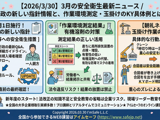 【2026/3/30】3月の安全衛生最新ニュース|行政の新しい指針情報と、作業環境測定・玉掛けのKY具体例とは?