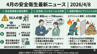 【2026/4/8】4月の安全衛生最新ニュース｜安全管理者の選任要件と、五月病対策・溶接作業のKY具体例とは？