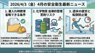 【2026/4/3】4月の安全衛生最新ニュース｜雇入れ時教育を省略できる場合と、化学物質の自律的管理の罰則とは？