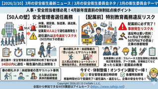 【2026/3/10】3月の安全衛生最新ニュース/3月の安全衛生委員会ネタ/3月の衛生委員会テーマ|【50人の壁】安全管理者の選任要件と、配属前にやりがちな「特別教育」義務違反リスク