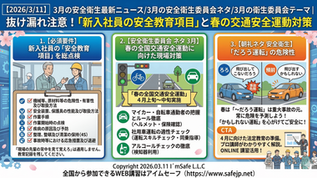【2026/3/11】3月の安全衛生最新ニュース/3月の安全衛生委員会ネタ/3月の衛生委員会テーマ|抜け漏れ注意!「新入社員の安全教育項目」と春の交通安全運動対策