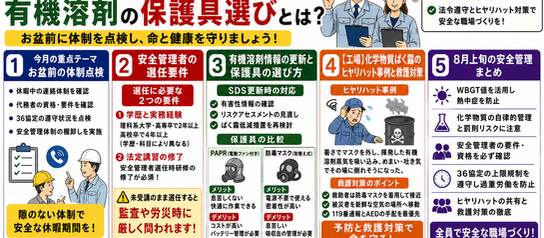 【2026年8月4日最新】今月の安全衛生委員会ネタ(8月)!安全管理者の選任要件と有機溶剤の保護具選びとは?