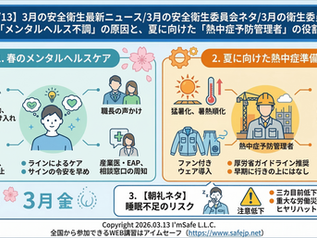 【2026/3/13】3月の安全衛生最新ニュース/3月の安全衛生委員会ネタ/3月の衛生委員会テーマ|春の「メンタルヘルス不調」の原因と、夏に向けた「熱中症予防管理者」の役割とは?