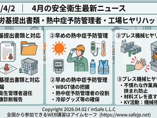 【2026/4/2】4月の安全衛生最新ニュース|春の労基提出書類と熱中症予防管理者の役割、工場ヒヤリハット事例とは?