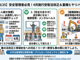 【2026/3/25】3月の安全衛生最新ニュース/安全大会 ネタ 2026|4月施行の安衛法改正の最終チェックと、建設業の重機ヒヤリハット事例とは?