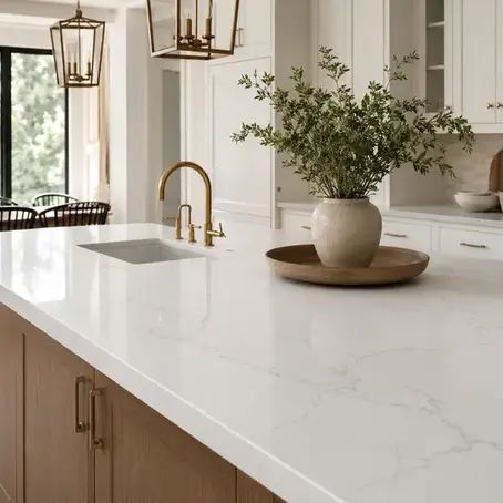 Long-lasting white quartz countertops in a modern kitchen