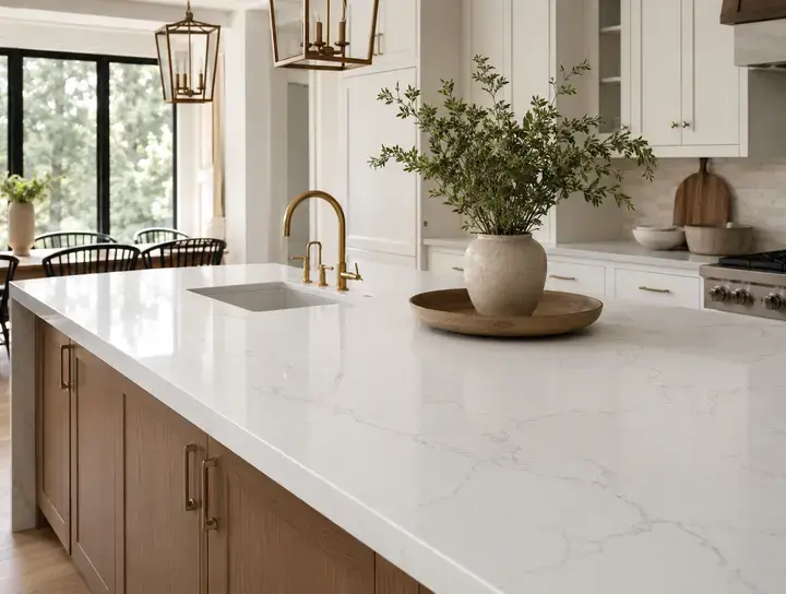 Long-lasting white quartz countertops in a modern kitchen