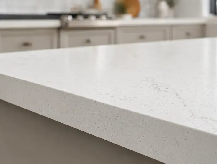 Close-up of a polished engineered quartz countertop surface