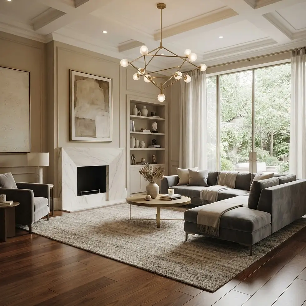 CGI rendering of an elegant living room. The space features a large sectional sofa, a marble fireplace, and ample natural light.