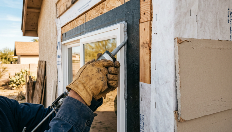 Close-up view of a window opening with flashing tape and house wrap before siding installation.