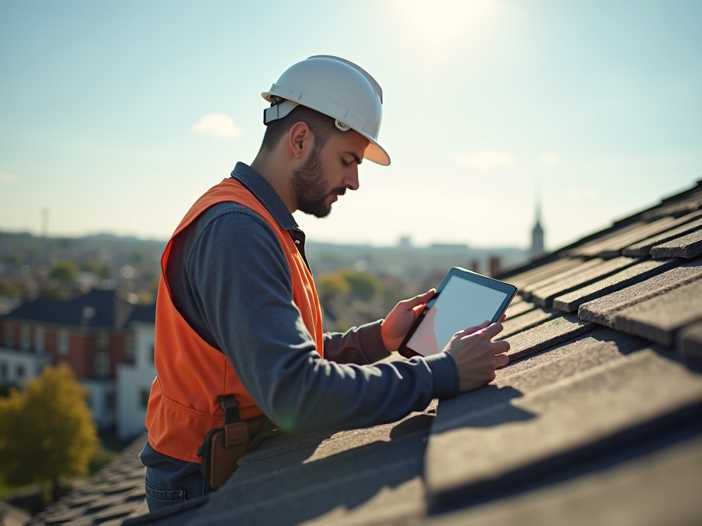 A professional roofing expert inspecting a roof with a tablet on a sunny day..png