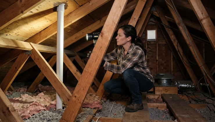 Eye-level view of a homeowner using a flashlight to inspect the attic below a roof vent.