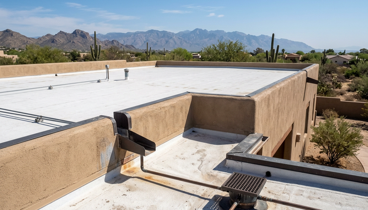 Eye-level view of a flat roof on a desert home with parapet walls and roof coating