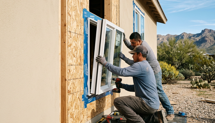Low-angle view of workers installing a new residential window before siding panels are added.