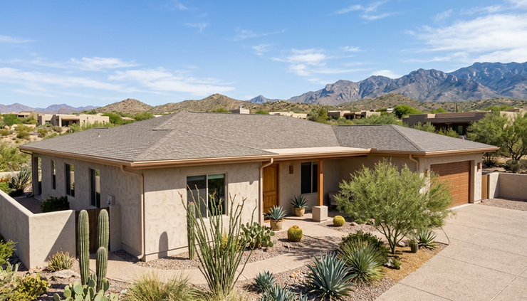 Wide-angle view of a Tucson home roofline with visible fascia soffits overhangs and gutters