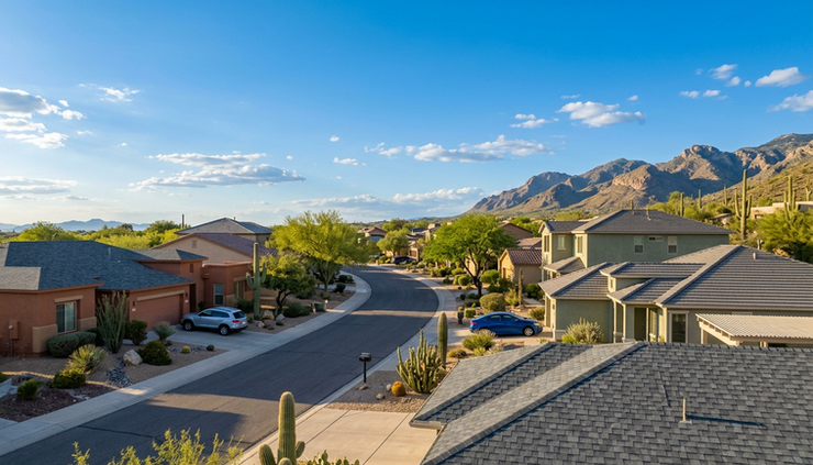 Wide-angle view of a sunny desert neighborhood with asphalt shingle roofs.