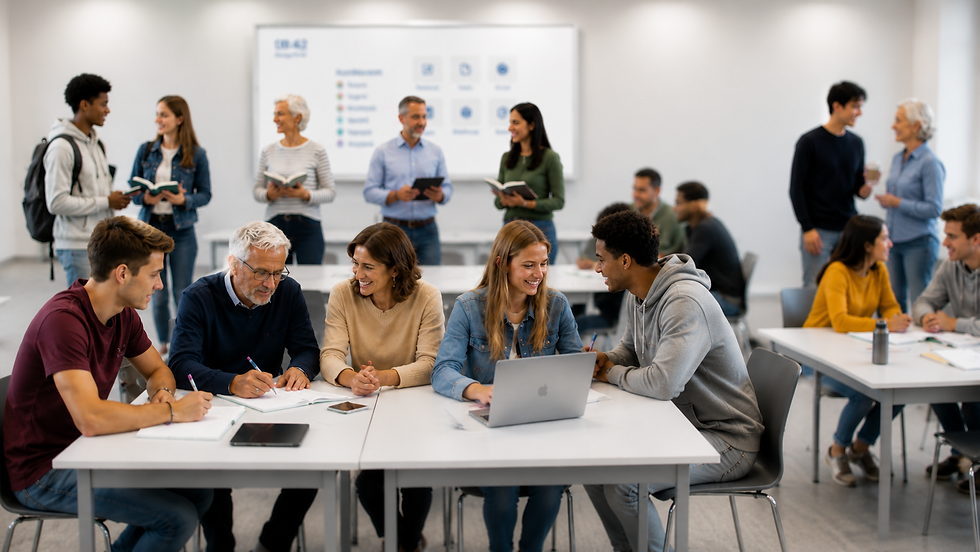 Menschen verschiedener Generationen lernen gemeinsam im modernen Klassenzimmer.
