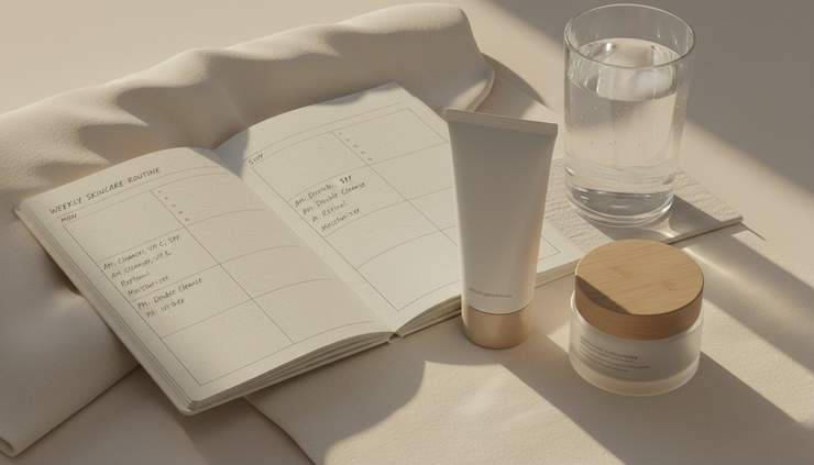 Close-up view of a weekly skincare diary beside sunscreen, moisturizer, and a glass of water