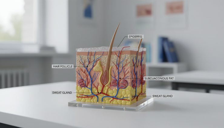 Eye-level view of a detailed skin anatomy model on a clean training surface