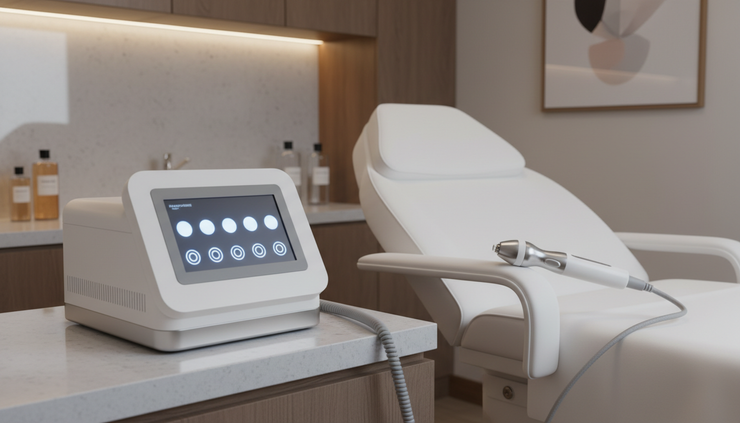 Eye-level view of a smart aesthetic treatment device with a precision handpiece near a facial treatment bed