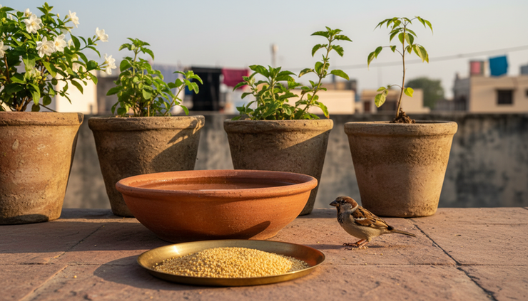 Eye-level view of an earthen water bowl and grains placed beside potted plants on a terrace