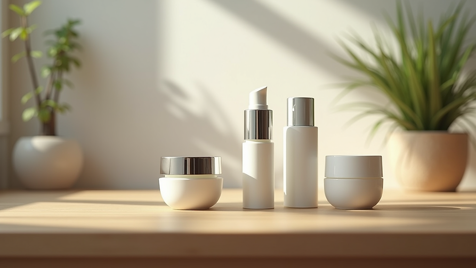 Eye-level view of skincare products arranged neatly on a wooden table