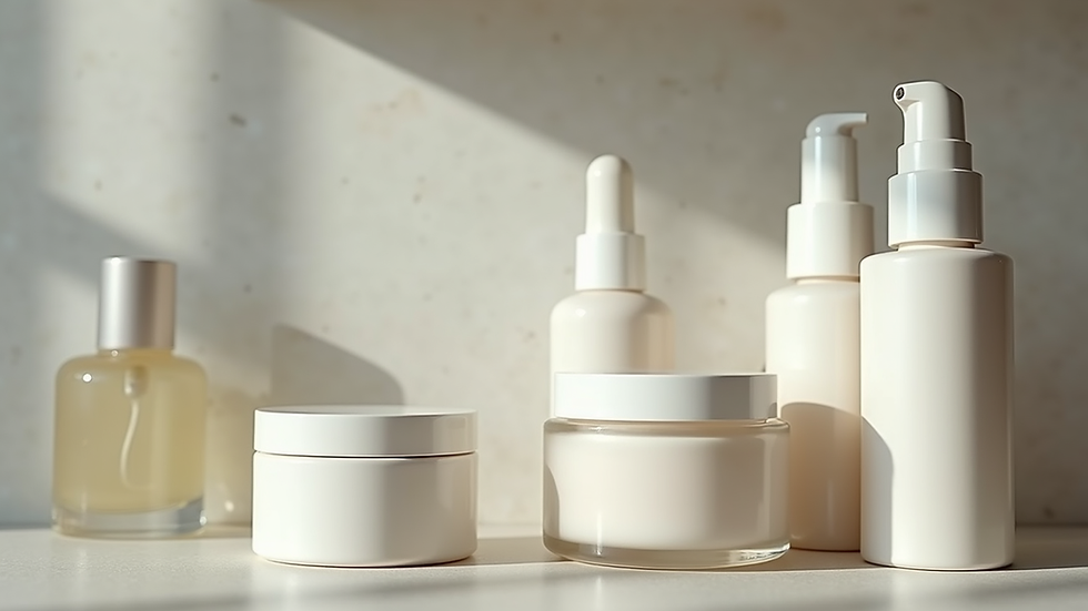 Eye-level view of a skincare product shelf with serums and creams