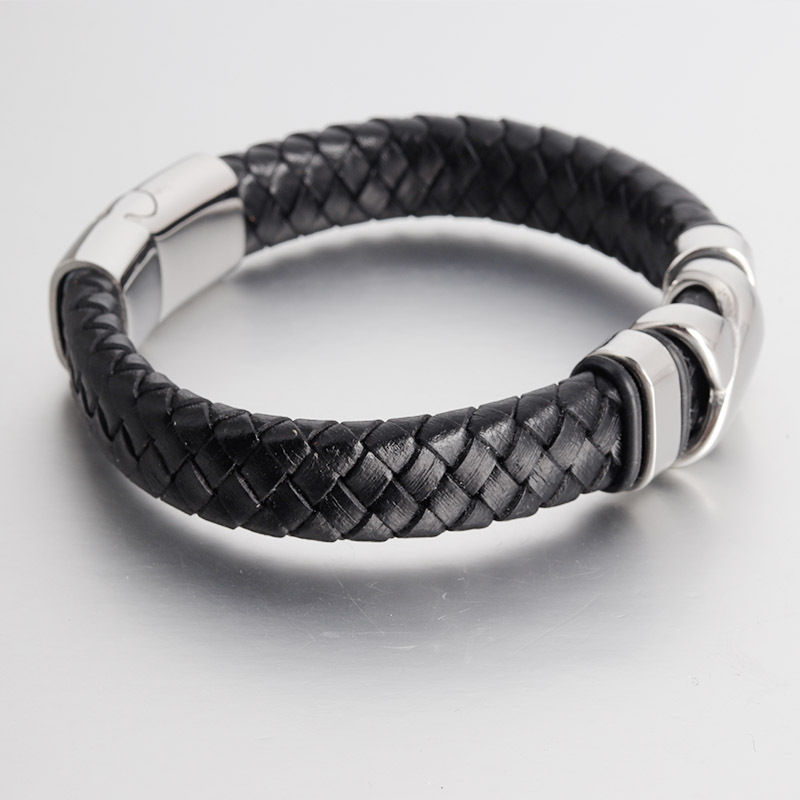 Thumbnail: Stainless Steel Men's Leather Braided Bracelet