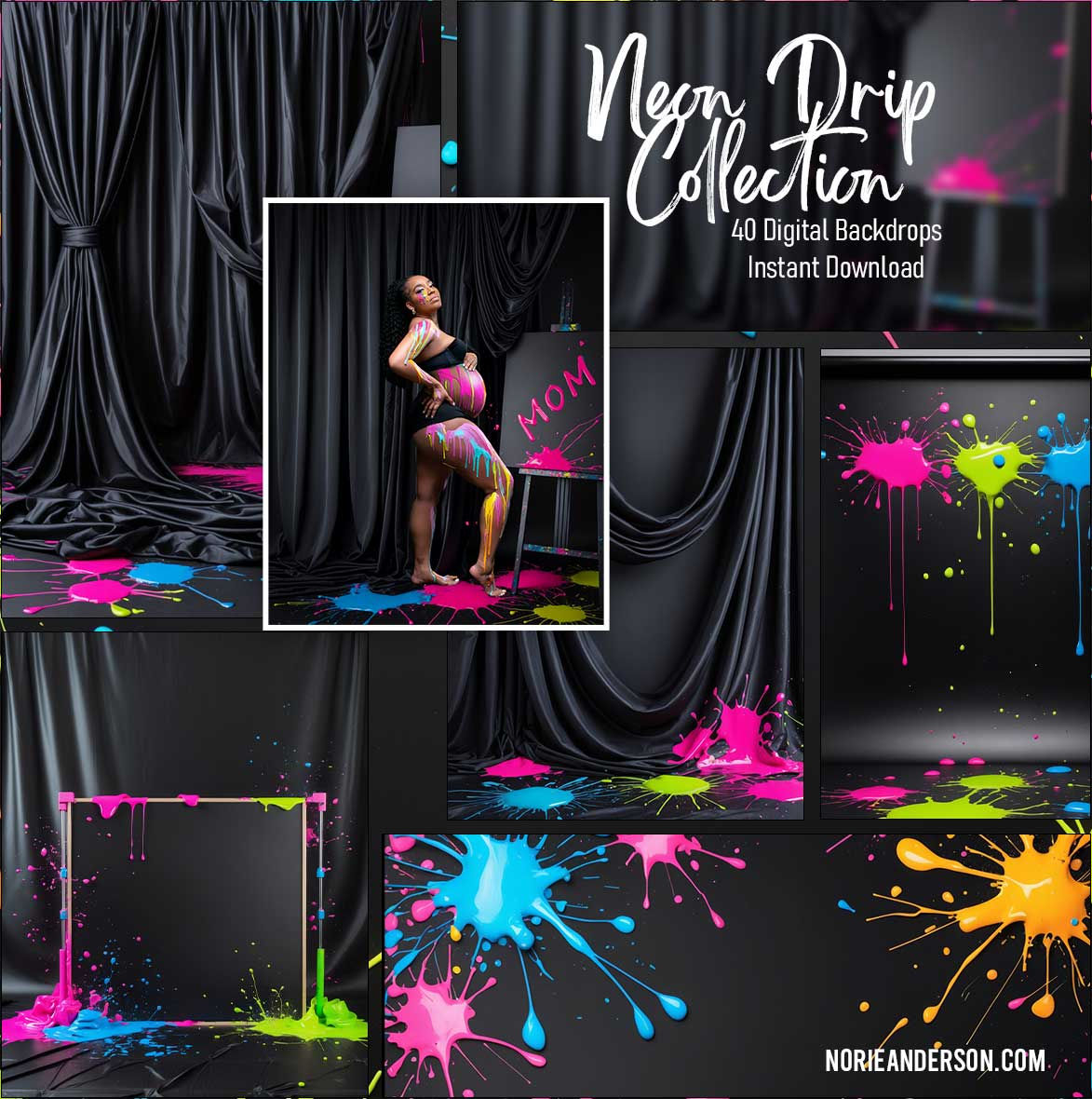 neon drip collection norie anderson photography digital backdrops instant download black background best high resolution