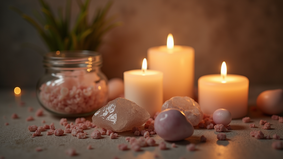 Close-up view of a serene meditation space with candles and crystals