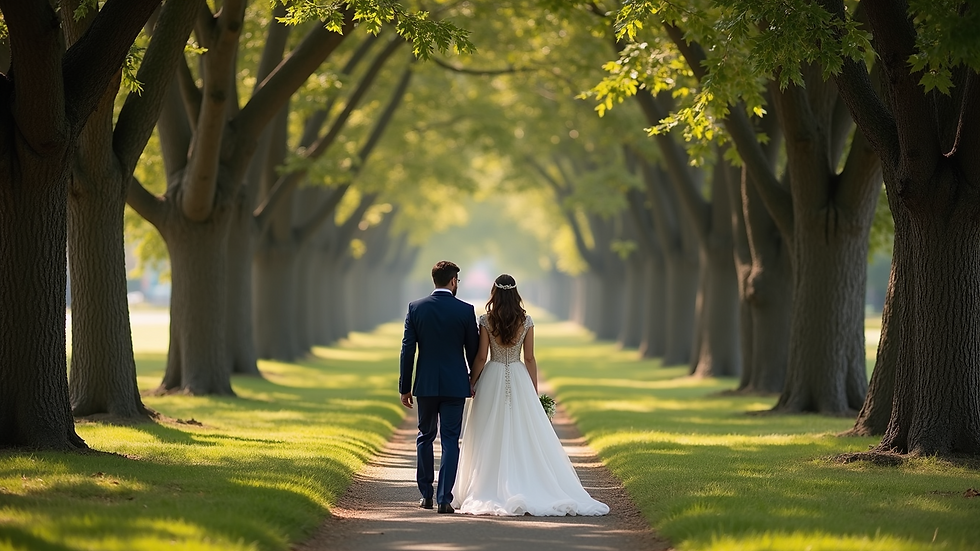 High angle view of a wedding couple walking along a tree-lined path in Augusta