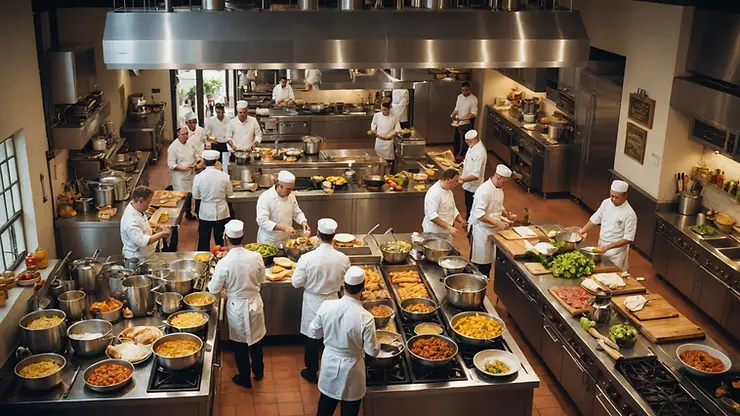 High-angle view of a bustling kitchen with chefs in action High-angle view of a bustling kitchen with chefs in action