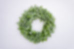 White flocked artificial eucalyptus wreath.