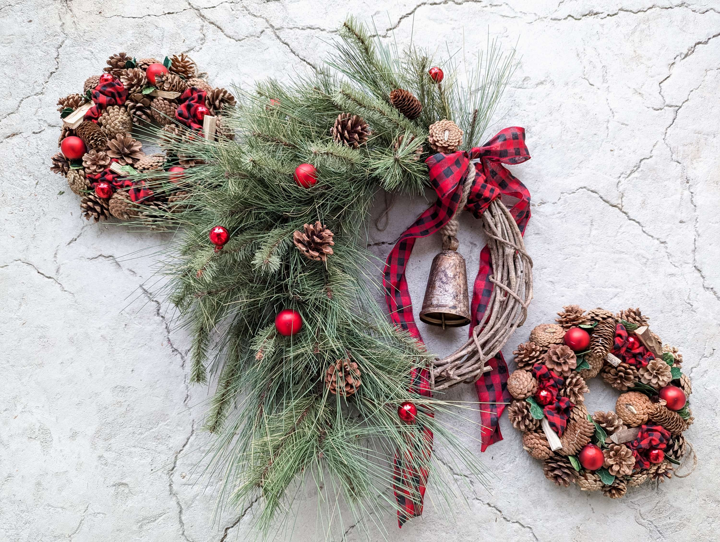 Northwoods Cabin Buffalo Plaid and Pinecones 3-Wreath Bundle Copper Bell