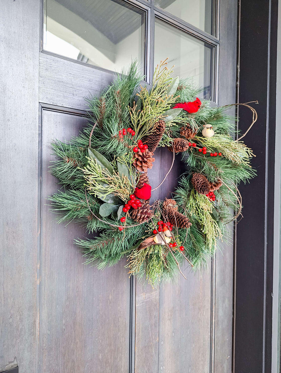 Thumbnail: Front View of Cardinal Winter Greenery Wreath on Front Door