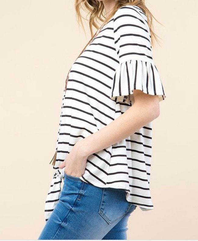 Thumbnail: COOPER Short Sleeve Knotted Top, Ivory Stripe (clearance)