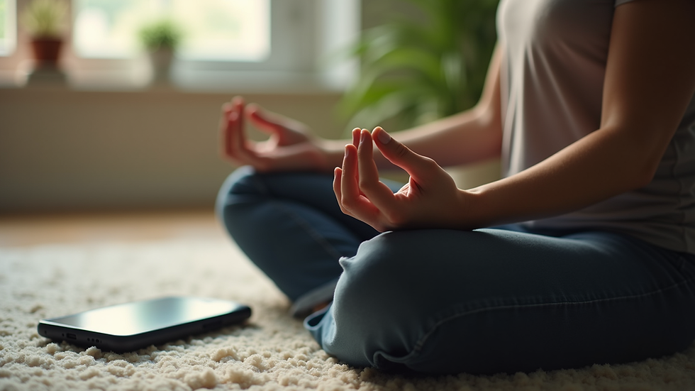 Close-up view of a person meditating with a smartphone nearby