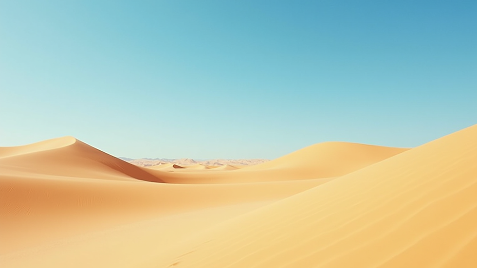 Wide angle view of golden sand dunes under a clear blue sky
