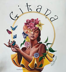 A painted mural of a gypsy woman with flowers on her head and holding a coffee cup with butterflies
