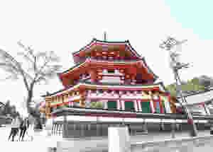 Red pagoda temple in Koyasan village, Japan