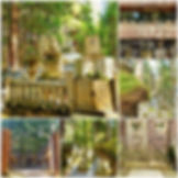 Photos of the Okunoin cemetery, showing tombstones and buddhas, in Koyasan Japan