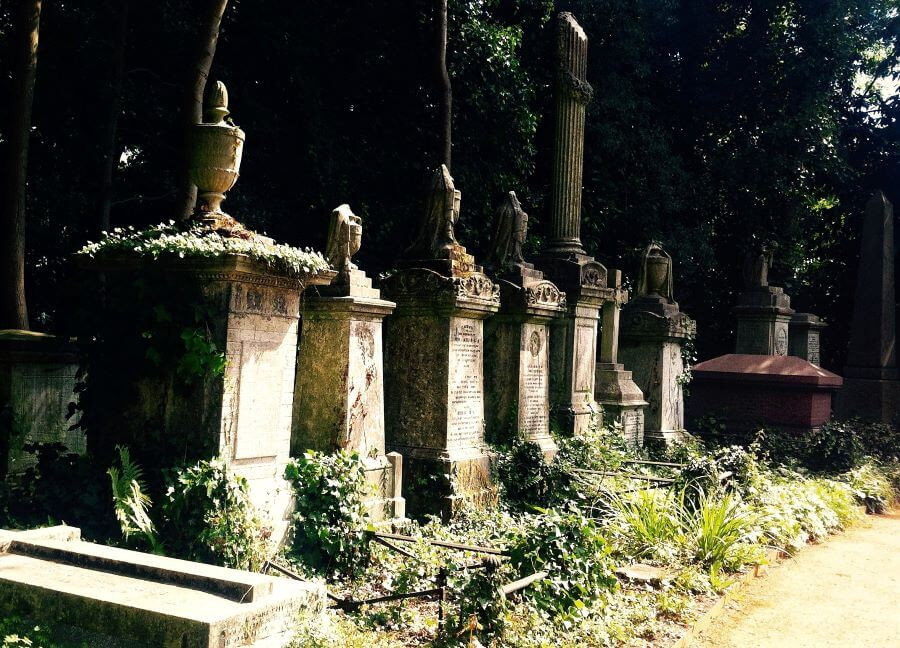 Gravestones at Highgate Cemetery in London