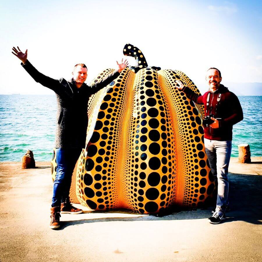A Yayoi Kusama yellow pumpkin on Japan's Naoshima island
