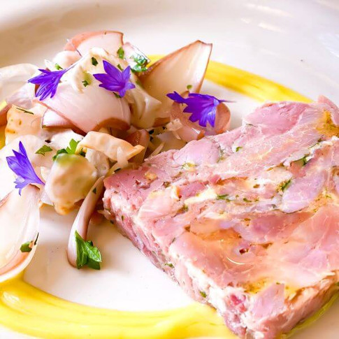 Ham Hock starter at The Pig hotel restaurant in Brockenhurst, New Forest