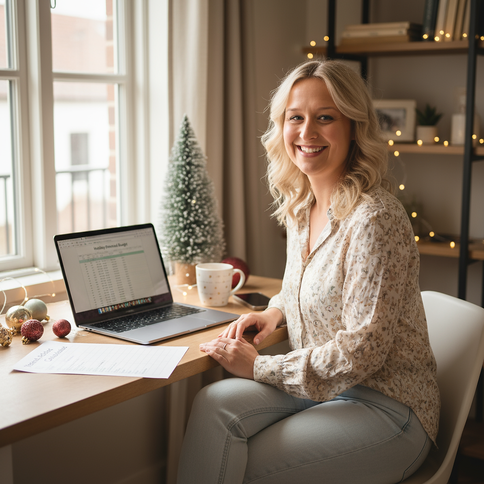 Professional woman, smiling while reviewing holiday financial budget and year-end planning checklist. In a non formal outfit. Casual blouse and jeans. Have the office decorated for Christmas. Make the office calm and organized. Have a cup of coffee on the desk and a laptop. Have an iphone sitting on the desk too. Make the it a cozy desk, warm natural window light, soft neutral tones, touch of Christmas on desk decor, canon DSLR, 50mm lens, warm tone grading