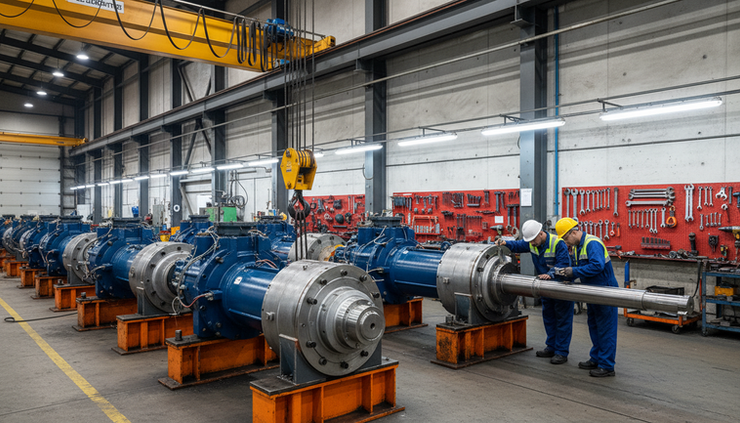 Eye-level view of ESP components arranged inside an industrial maintenance facility