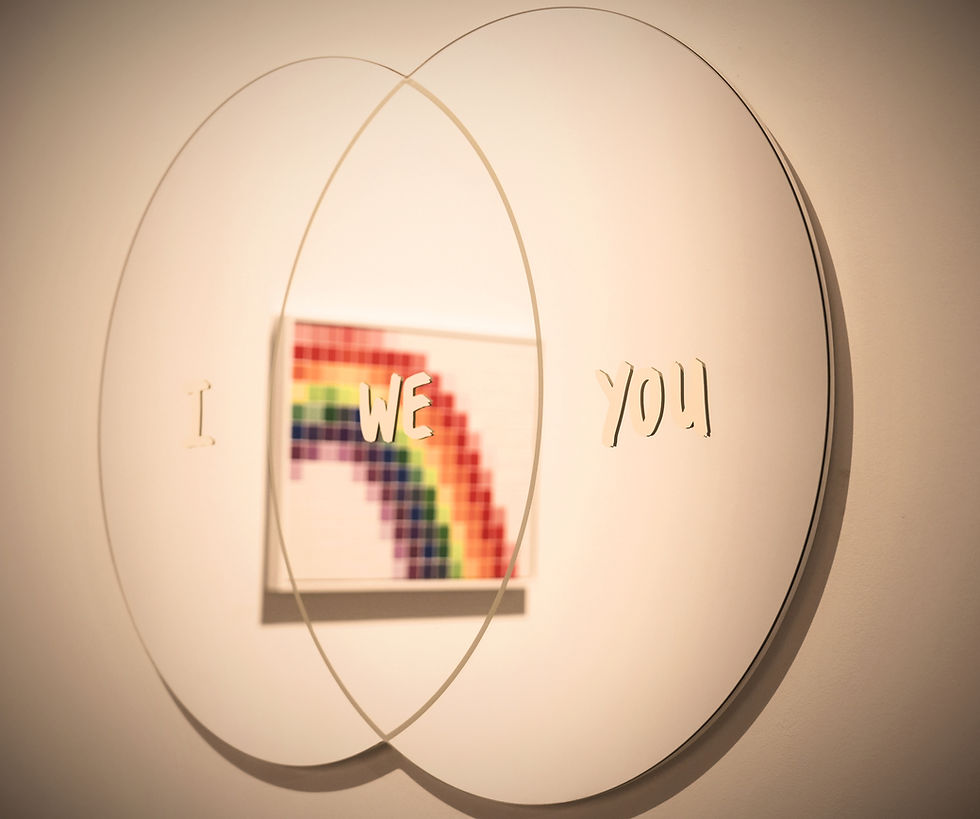 Venn Diagram two circles overlap - one circle says "I" the overlap is "we" and other circle "you" symbolizes self care within a relationship can look like expressing self more - fully occupying the space for the "I"